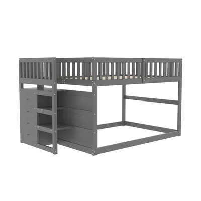 Immagine prodotto di Letto a castello basso Sweiko140 x 200 cm, letto a castello di sicurezza con vano contenitore, design a recinzione alta, letto in legno, grigio