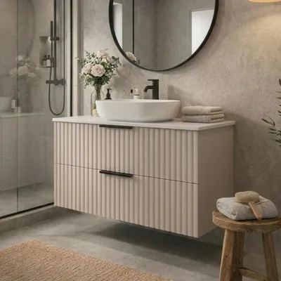 Produktbild von Waschtisch mit Unterschrank TIBU Kaschmir 60x50x46 geriffelter Front 2 Schubladen Badezimmer Badmöbel