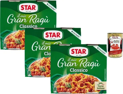 Produktbild von Star Il mio Gran Ragù Classico italienische Fleischsauce 3 x 2 x 180 g (6 Portionen) fertige Bolognese für Pasta 100% Fleisch aus Italien ohne Konservierungsstoffe + Italian Gourmet polpa