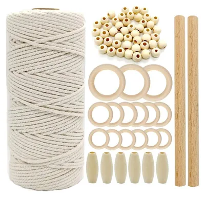 Macramé-Set mit Baumwollseil, Holzringen, Perlen & Stäben
