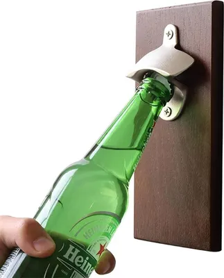 Produktbild von Magnetischer Wandflaschenöffner aus Holz mit Kronkorken-Auffangbehälter - Multifunktionaler Bieröffner