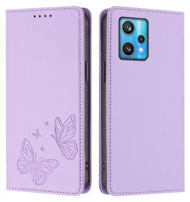 Produktbild von Lederhülle für Realme 9 4G/Realme 9 Pro+ 5G, Schmetterling Prägung Leder Brieftasche Schutzhülle mit Ständer Violett