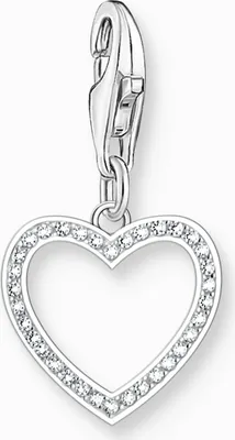 A silver heart-shaped charm with clear stones, attached to a silver clasp.