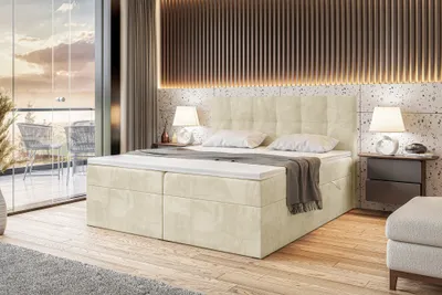 Produktbild von MEBLINI Boxspringbett mit Bettkasten - Gepolstert Doppelbett mit Matratze und Topper - Polsterbett mit Stauraum - Bett mit Kopfteil - Stauraumbett - RACO - 180x200 - H4/Beige Samt