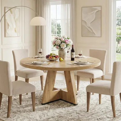 Immagine prodotto di Tavolo da pranzo rotondo Lailang, diametro 120 cm, stile Japandi, tavolo da pranzo moderno per la cucina, tavolo da pranzo in legno, tavolo da pranzo per 4 persone, tavolo da pranzo rustico