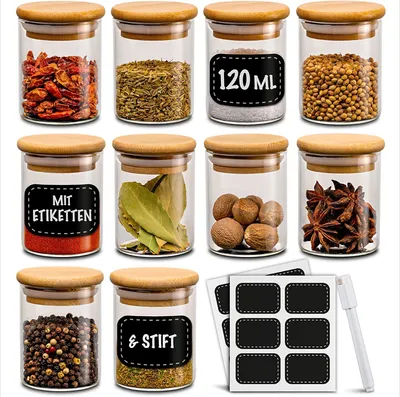 Immagine prodotto di Set di 10 barattoli per spezie da 120 ml con etichette e penna per etichettare - Ermetici - Lavabili in lavastoviglie - Barattoli per spezie ed erbe aromatiche