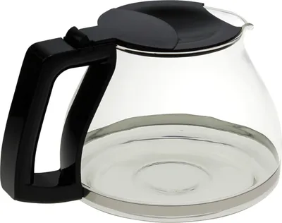 A clear glass coffee pot with a black handle and lid.
