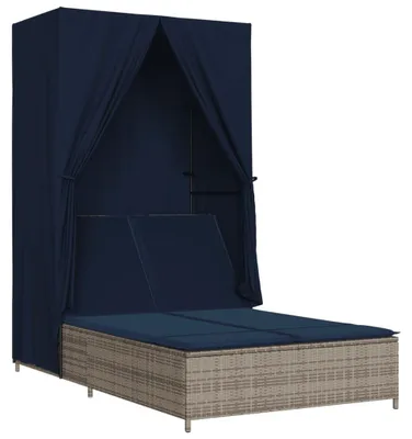 Image de vidaXL Bain de soleil double avec toit et rideaux Gris Poly Rattan