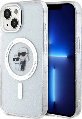A close-up shot of a transparent iPhone case with glitter, featuring the Karl Lagerfeld and Choupette characters, and a MagSafe ring. The iPhone screen is visible behind the case.
