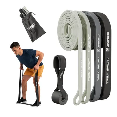 Produktbild von TREX SPORT Gymnastikband 4 Stück Set TX-004PB Widerstandsband | Klimmzugband, Fitnessband 100% Latex, 2-41 kg, mit Türanker | Resistance Band Grau