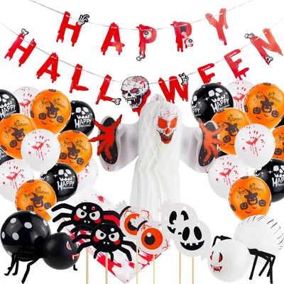 Zdjęcie produktu dla Tg70155 Halloween Zestaw Ozdobny Girlanda Balony Obrus Duch Pająki Dekoracje Muffinek