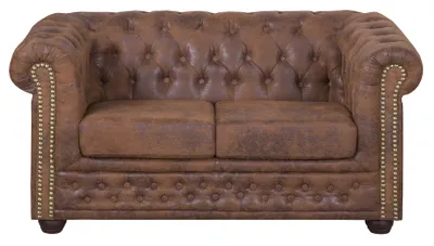 Produktbild von Chesterfield 2 Sitzer Sofa Wildleder look Vintage Antik Braun Knopfheftung Massivholzfüße 148x72x86 cm Premium Farbwahl als SET 1+2+3 lieferbar
