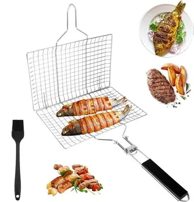Obrázok produktu pre Nerezový grilovací košík na ryby a zeleninu, nerezový grilovací košík na ryby, prenosný gril, držiak na ryby, skladací grilovací košík na barbecue, panvica na pečenie rýb, skladací, s kuchynskou štetkou, na ryby, zeleninu,