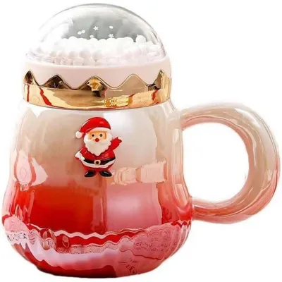 Image de Tasse de Noël en céramique Rouge avec couvercle 450ml Perles brillantes Motif Père Noël