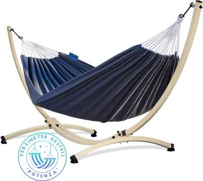 Produktbild von Potenza Outdoor Hängematte mit Verzinkter Gestell für 2 Personen I Baumwolle Doppelhängematte XXL 220x160, 200kg I Ecru Hängemattengestell 220kg, wetterfest