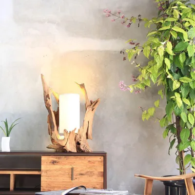 Produktbild von Tisch-Tageslichtlampe BION – Tisch Wurzellampe aus Teakholz 70 cm mit Leinenschirm Natur