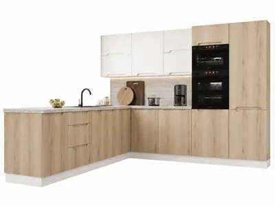 Produktbild von Winkelküche – Eckküchen-Set – Küchenzeile L-Form – Komplettküche – Zivora – KS31-G310 – 310x300 cm – Halifax Eiche / Weiß, KI-generiertes Bild