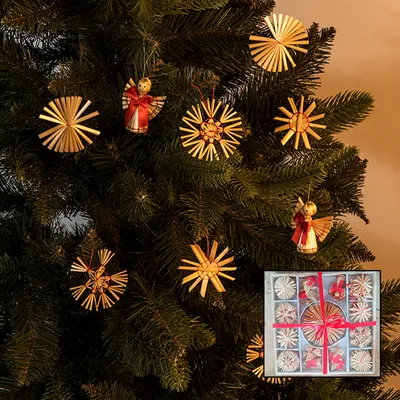 Produktbild von Baumschmuck Set für Weihnachten, 56-teilig, aus Stroh, rot, 6-11 cm