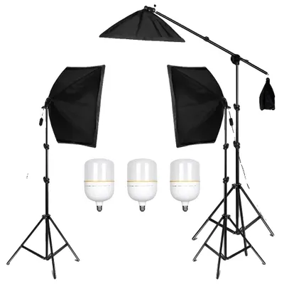 Zdjęcie produktu dla Zestaw do fotografii z softboxami, regulowany statyw oświetleniowy, energooszczędne lampy LED, 3 sztuki żarówek dwukolorowych