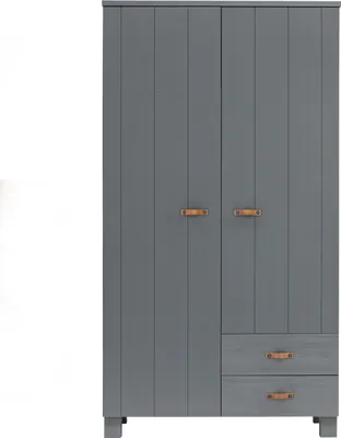 Produktbild von Woood Dennis Kleiderschrank Aus Kiefer, 2-Türig + Schubladen, Ledern Griff, Dunkelgrau