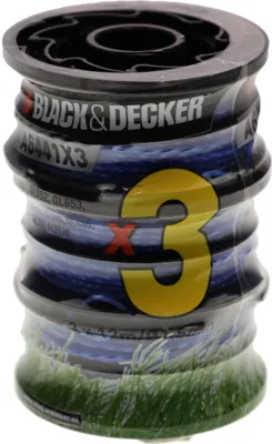 A spool of trimmer line for a Black & Decker string trimmer, packaged in plastic wrap with a printed grass background.