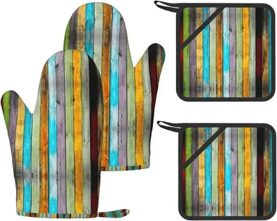Produktbild von Buntes Holzbrett, modisches Küchenset mit hitzebeständigen Ofenhandschuhen und rutschfesten Topflappen zum Backen