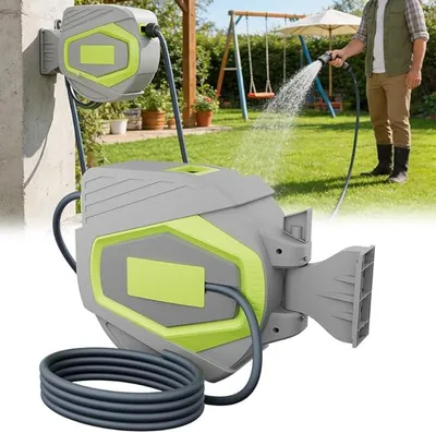 Imagen del producto de Soporte de pared para carrete de manguera de 30 metros, manguera de jardín, color verde