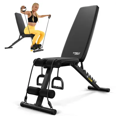 A woman is using a workout bench with resistance bands, and the workout bench is also shown on its own.