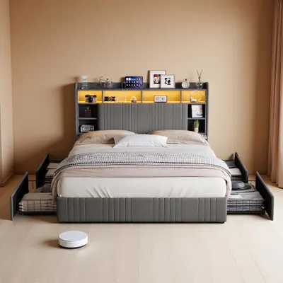 Produktbild von ProximaX Polsterbett 140x200cm Grau Leinenstoff mit 4 Schubladen, RGB-LED-Beleuchtung & Ladestation (USB/USB-C/Steckdosen)