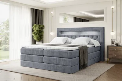 Produktbild von ALTDECOR Boxspringbett mit H3 Matratze-Bonellfederung, H4 Multipocket-Matratze (18 cm hoch) PUR, Topper (4 cm hoch), Polsterbett mit Kopfteil, Bettkasten und LED-Beleuchtung - NOEL GOLD KING -200x200 - Grau Samt