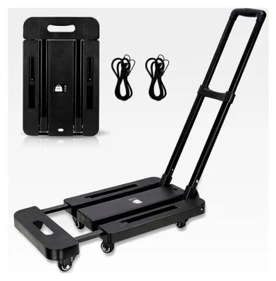 Produktbild von Faltbare Sackkarre für Transport bis 200 kg und 91 cm Höhe mit 6 Rädern und 2 elastischen Seilen für Einkäufe, Umzüge und Reisen
