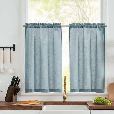 Produktbild von Ibenzoa® Küchengardinen, halbtransparent Leinenoptik – Set 2 Stück (65 x 90 cm), Landhausstil, Aufhängung für Stangen bis 3 cm
