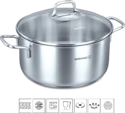 A stainless steel pot with a glass lid, shown on a white background. Below the pot are several icons representing product features or compatibility.