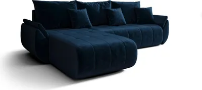 A dark blue sectional sofa with multiple cushions, shown from a slightly elevated angle against a white background.