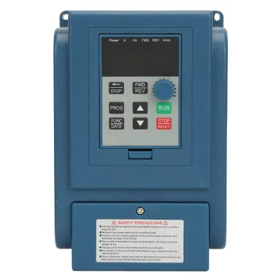 A blue variable frequency drive (VFD) control panel with a digital display and buttons, mounted on a white background.