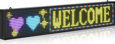 A programmable LED display panel showing the word "WELCOME" and two hearts.