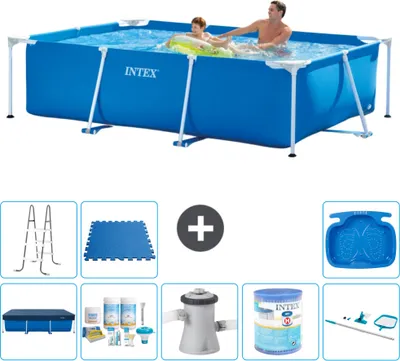 Produktbild von Intex-Schwimmbecken mit rechteckigem Rahmen – 260 x 160 x 65 cm – Blau – im Lieferumfang enthalten Abdeckung - Wartungspaket - Filterpumpe für Schwimmbad - Filter - Reinigungskit - Leiter