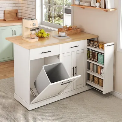 Produktbild von Kücheninsel 120x45(70)x93, Rollen, klappbare Arbeitsplatte, Mülleimerschrank, 4-stufiges Gewürzregal, 2 Schubladen, feststellbare Rollen.