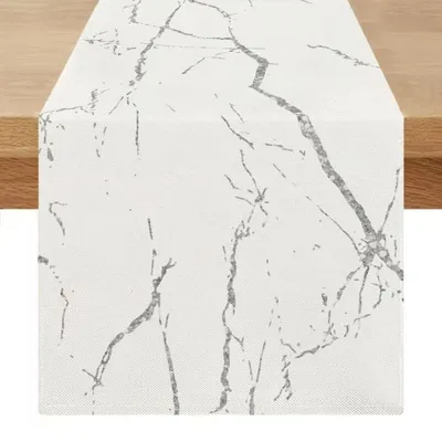 Zdjęcie produktu dla Bieżnik na stół, zmywalny, nowoczesny, 40 x 140 cm, biały, szary, imitacja marmuru, wykonany z lnu i poliestru