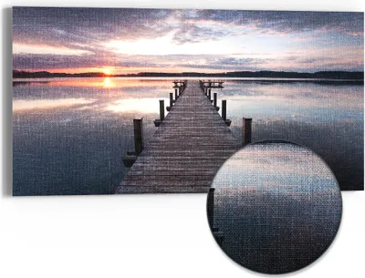 Produktbild von DEQORI Hybrid Leinwand Bild 60x30 cm 'Steg bei Sonnenuntergang' Wandbild Glas flach modern