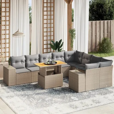 Produktbild von Design 10-tlg. Garten-Sofagarnitur mit Kissen Beige Poly Rattan, Gartenmöbel-Sets 2024 Neu
