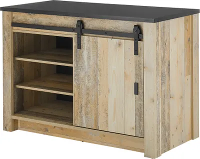 A rustic-style cabinet with a sliding barn door and open shelving.