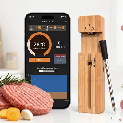 Produktbild von ZELURXX Kabelloses Bluetooth Bratenthermometer mit 304 Edelstahl Sonde, ±1℃ Genauigkeit, App Steuerung, IPX7 Fleischthermometer