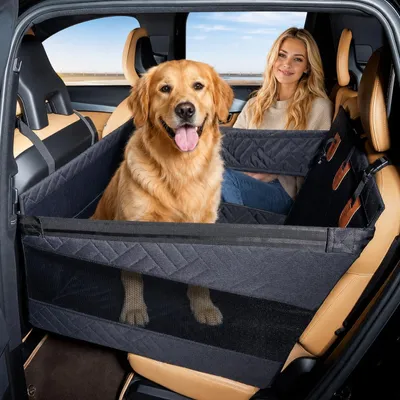 Produktbild von Hundeautositz für die Rückbank, wasserdichter Hundesitz mit Netzfenstern und 4 Befestigungsgurten, Hundekorb für mittelgroße und große Hunde (Schwarz)