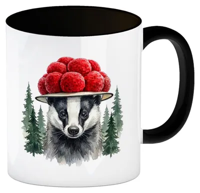Produktbild von Dachs mit Bollenhut Kaffeebecher in schwarz Schwarzwald Motiv