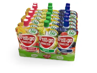 Produktbild von fruit&go SQUEEZER MODERN Fruchtpüree, Mischkarton 18x100g, 3 Sorten, 6xApfel/ Banane/ Kokos, 6xApfel/Mango/Erdbeere, 6xApfel/Banane/Berries