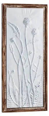 Produktbild von Wandbild DELIA aus weißem Metall mit blauem floralem Motiv im Holzrahmen, 42x4x98,5 cm, dekorative Wanddekoration im Shabby Chic für Flur, Wohnzimmer, Küche oder Büro