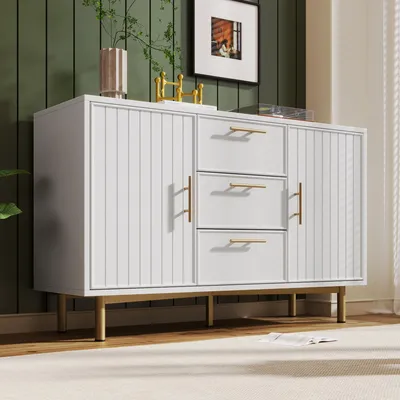Image de OKWISH Commode - Buffet Design Moderne avec 2 Portes et 3 Tiroirs, Meuble Rangement en MDF et Panneau de Particules, 120x40x75 cm, Blanc