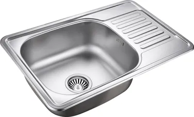 A stainless steel kitchen sink with a drainboard.