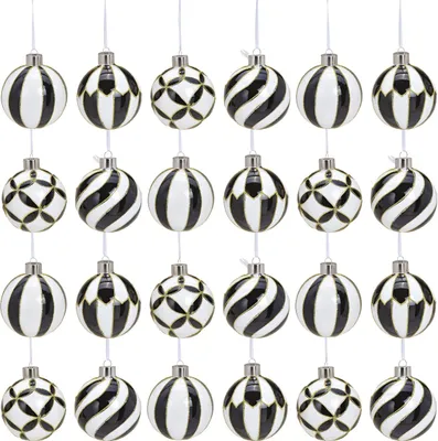 Immagine prodotto di Set di 24 decorazioni in vetro per l'albero di Natale bianco e nero